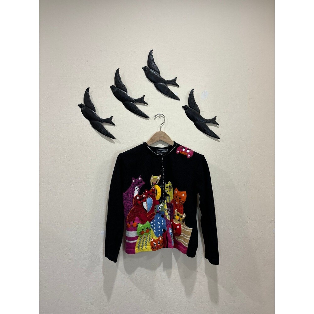 Vintage Terazzo Cotton Blend Embroidered Felt Colorful Cat Cardigan - Size S